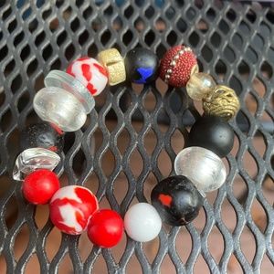 Beaded, stretchable bracelet, unisex, red and white w/black accents